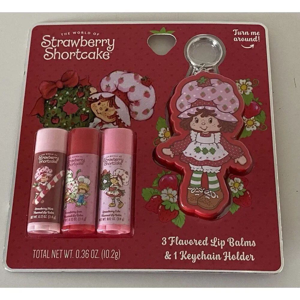 Set‎ Of 3 Strawberry Shortcake Flavored Lip Balms And Keychain Holder NEW
